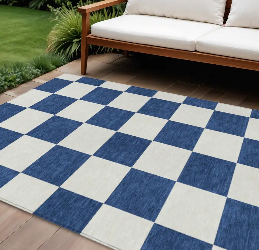 Navy Blue And Ivory Geometric Washable Indoor Outdoor Area Rug Photo 1