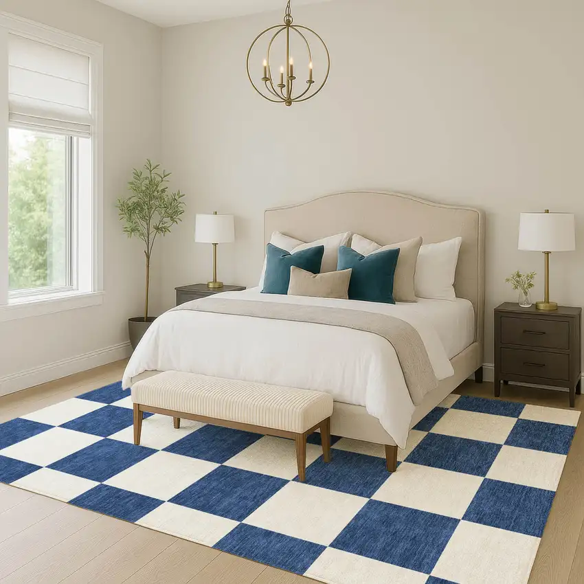 Navy Blue And Ivory Geometric Washable Indoor Outdoor Area Rug Photo 8