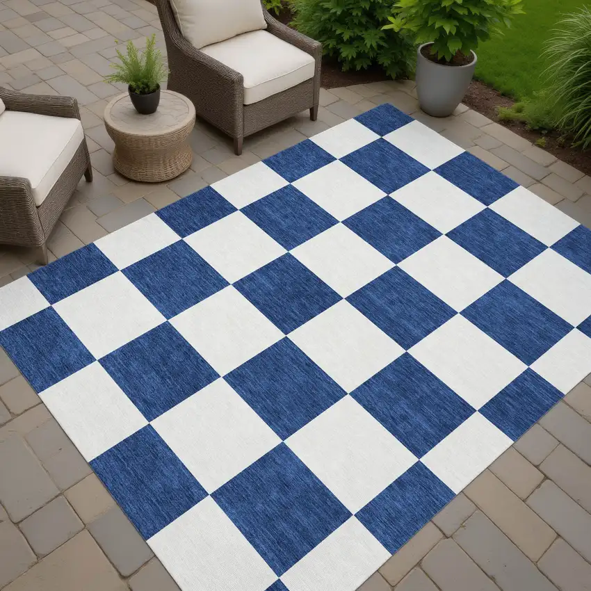 Navy Blue And Ivory Geometric Washable Indoor Outdoor Area Rug Photo 6