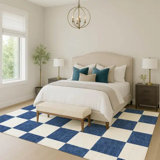 Navy Blue And Ivory Geometric Washable Indoor Outdoor Area Rug Photo 8