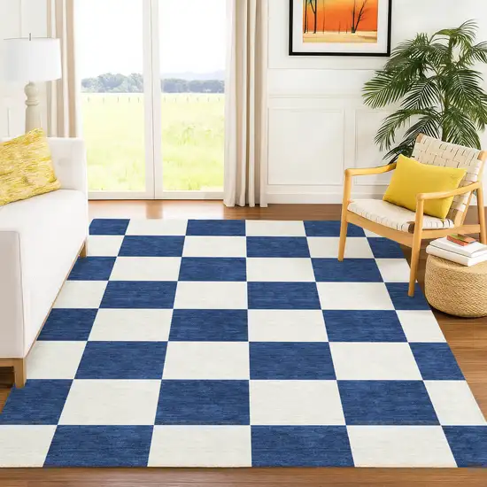 Navy Blue And Ivory Geometric Washable Indoor Outdoor Area Rug Photo 9
