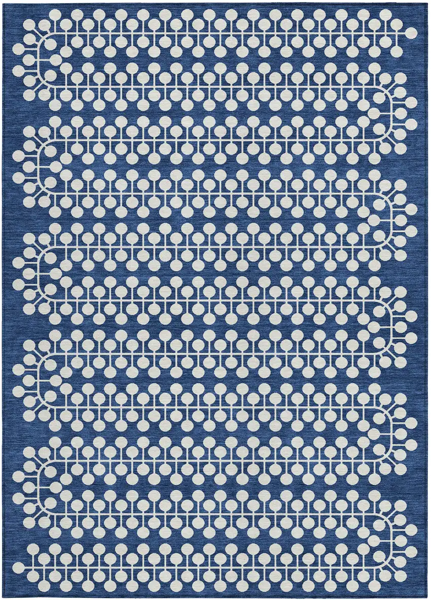 Navy Blue And Ivory Geometric Washable Indoor Outdoor Area Rug Photo 5