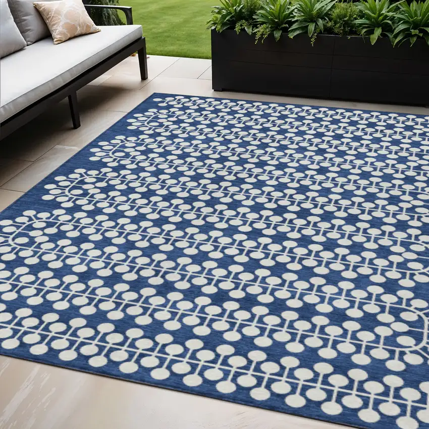Navy Blue And Ivory Geometric Washable Indoor Outdoor Area Rug Photo 1