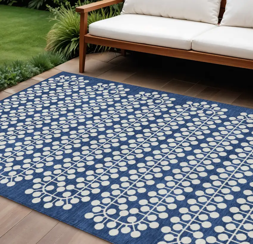 Navy Blue And Ivory Geometric Washable Indoor Outdoor Area Rug Photo 1