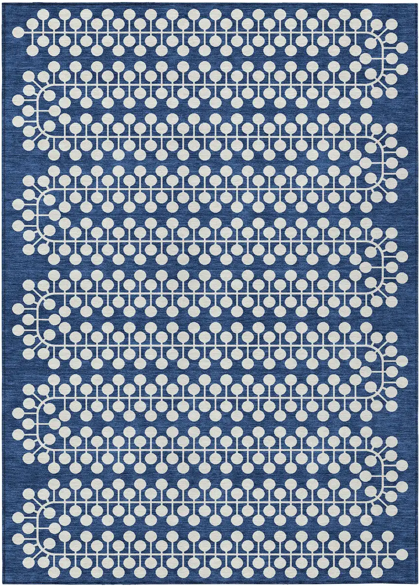 Navy Blue And Ivory Geometric Washable Indoor Outdoor Area Rug Photo 2