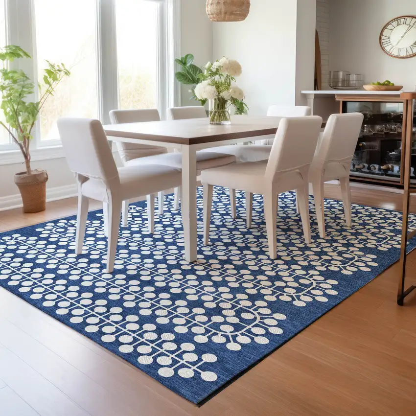 Navy Blue And Ivory Geometric Washable Indoor Outdoor Area Rug Photo 9