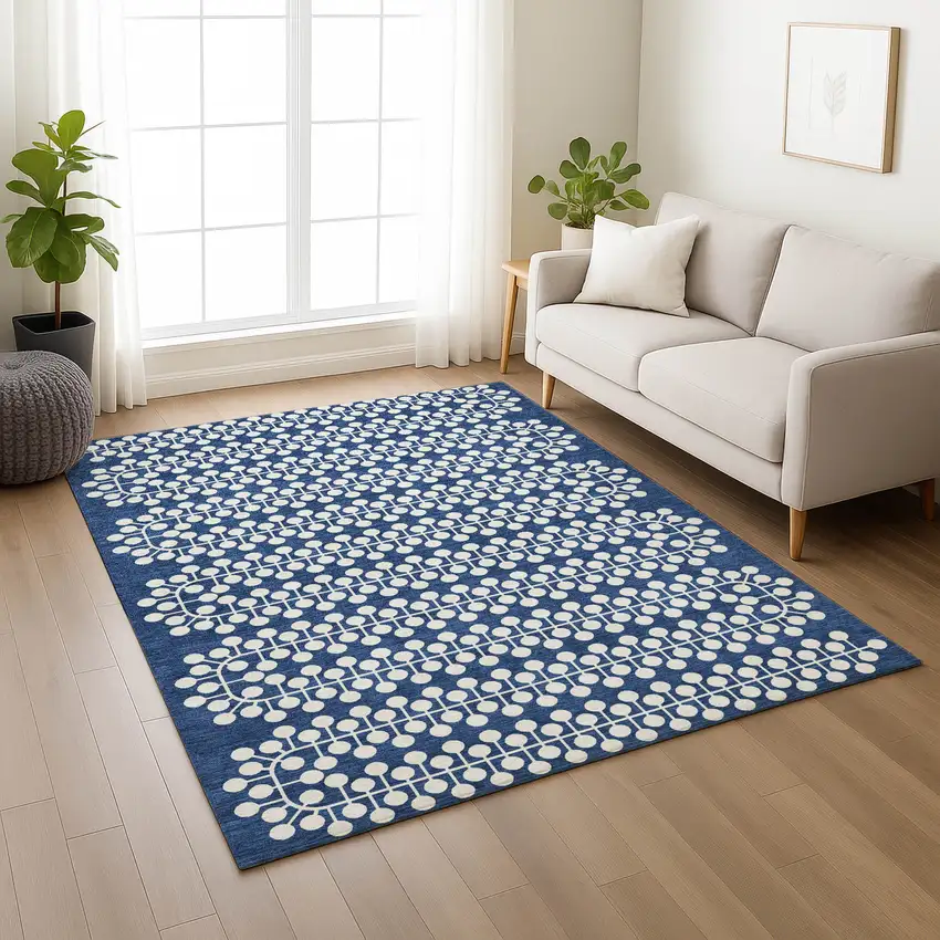 Navy Blue And Ivory Geometric Washable Indoor Outdoor Area Rug Photo 7