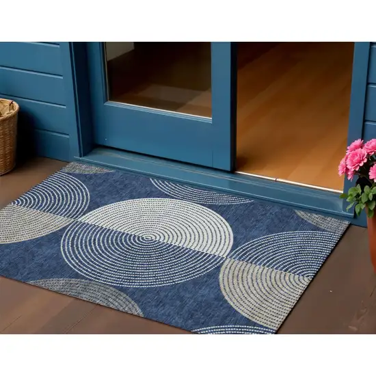 Navy Blue And Ivory Geometric Washable Indoor Outdoor Area Rug Photo 1