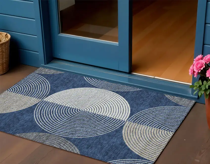 Navy Blue And Ivory Geometric Washable Indoor Outdoor Area Rug Photo 1