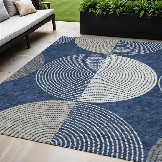 Navy Blue And Ivory Geometric Washable Indoor Outdoor Area Rug Photo 1