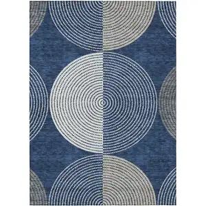 Photo of Navy Blue And Ivory Geometric Washable Indoor Outdoor Area Rug