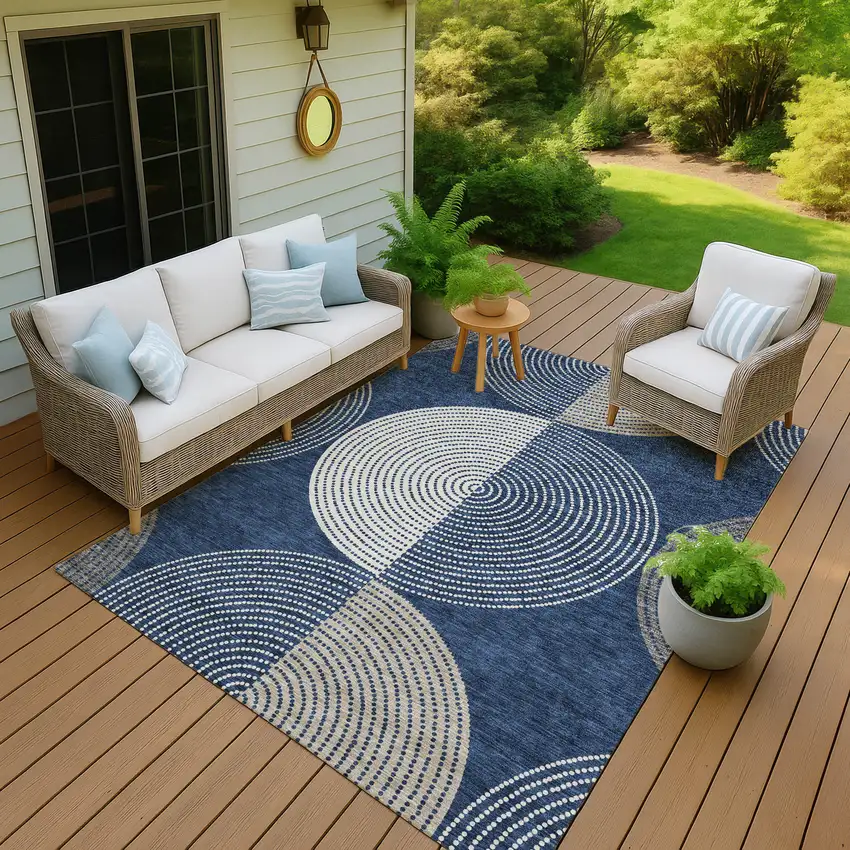 Navy Blue And Ivory Geometric Washable Indoor Outdoor Area Rug Photo 9