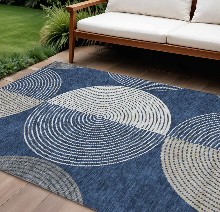 Navy Blue And Ivory Geometric Washable Indoor Outdoor Area Rug Photo 1