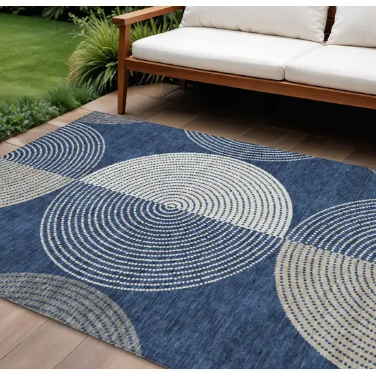 Navy Blue And Ivory Geometric Washable Indoor Outdoor Area Rug Photo 1