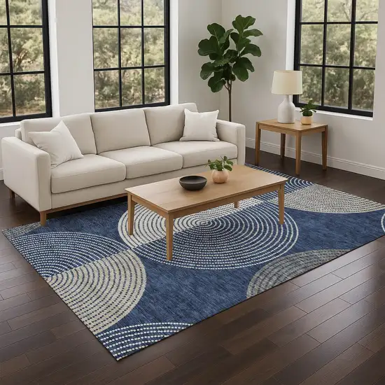 Navy Blue And Ivory Geometric Washable Indoor Outdoor Area Rug Photo 9
