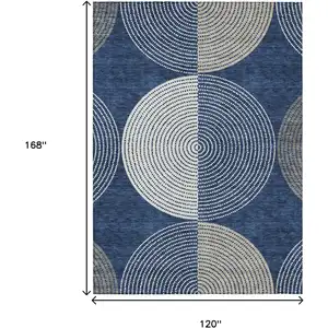 Photo of Navy Blue And Ivory Geometric Washable Indoor Outdoor Area Rug