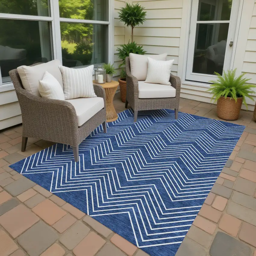 Navy Blue And Ivory Geometric Washable Indoor Outdoor Area Rug Photo 3