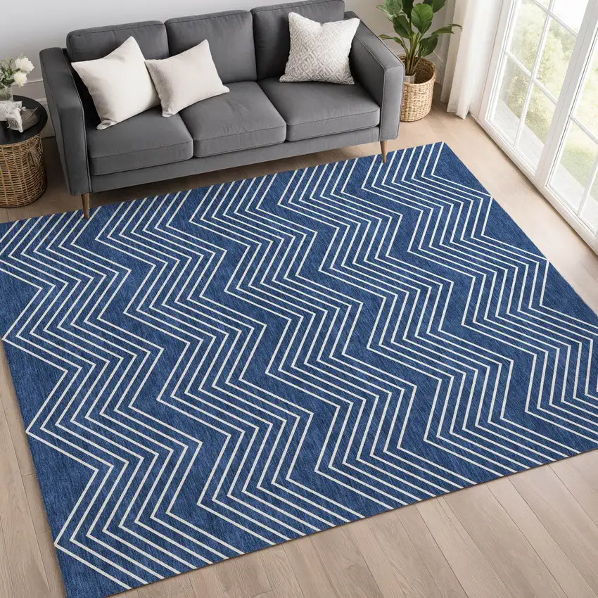 Navy Blue And Ivory Geometric Washable Indoor Outdoor Area Rug Photo 5