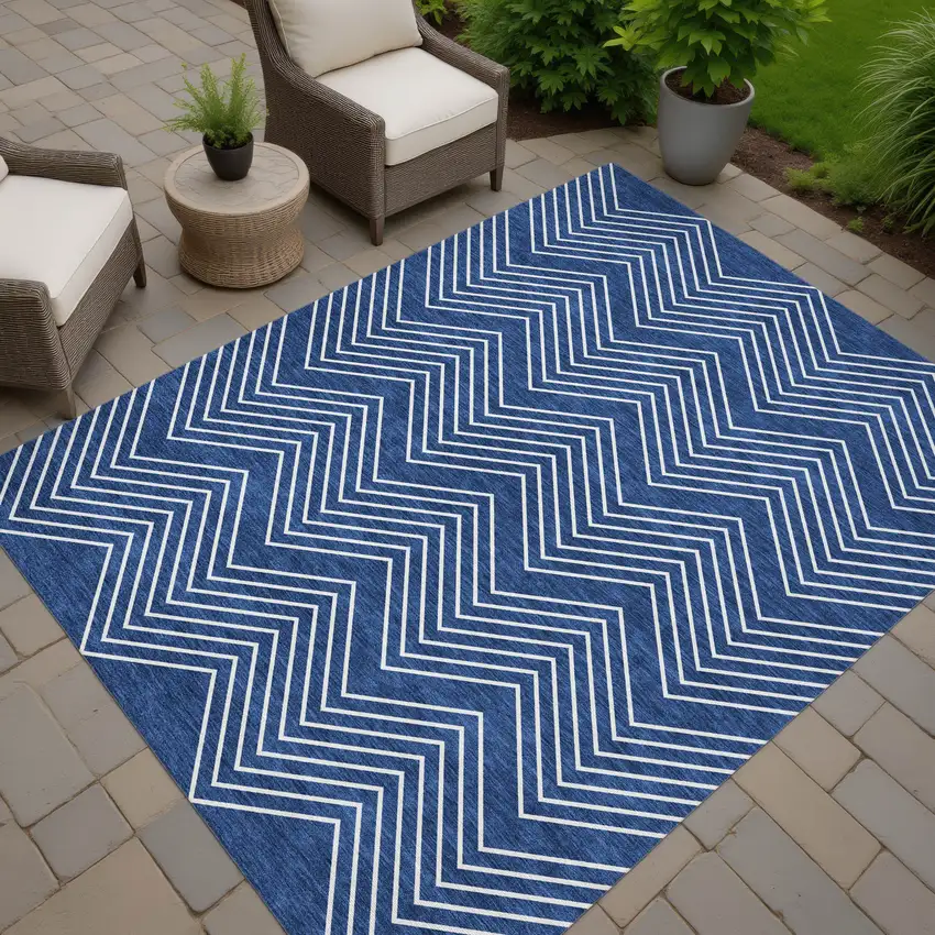 Navy Blue And Ivory Geometric Washable Indoor Outdoor Area Rug Photo 6