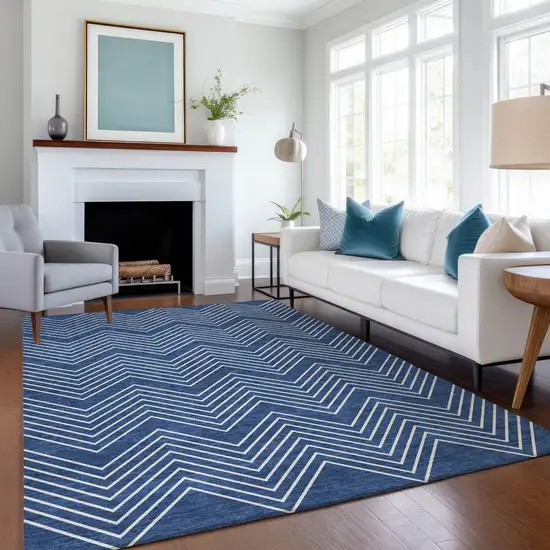 Navy Blue And Ivory Geometric Washable Indoor Outdoor Area Rug Photo 5