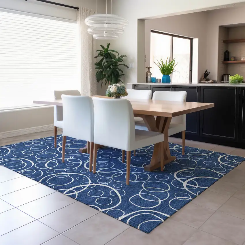 Navy Blue And Ivory Geometric Washable Indoor Outdoor Area Rug Photo 6