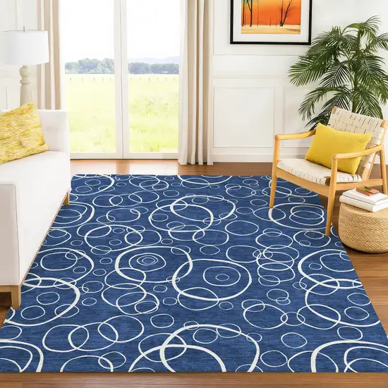 Navy Blue And Ivory Geometric Washable Indoor Outdoor Area Rug Photo 5