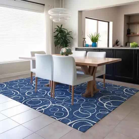 Navy Blue And Ivory Geometric Washable Indoor Outdoor Area Rug Photo 6