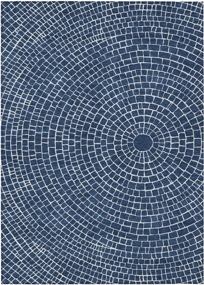 Navy Blue And Ivory Geometric Washable Indoor Outdoor Area Rug Photo 1