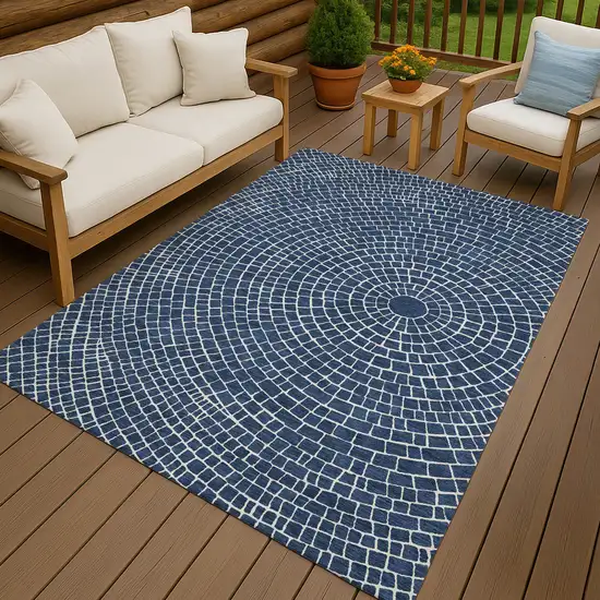 Navy Blue And Ivory Geometric Washable Indoor Outdoor Area Rug Photo 4
