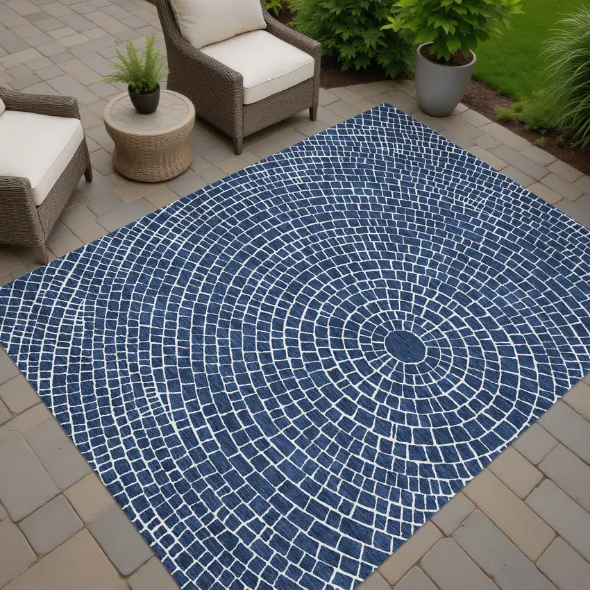 Navy Blue And Ivory Geometric Washable Indoor Outdoor Area Rug Photo 7