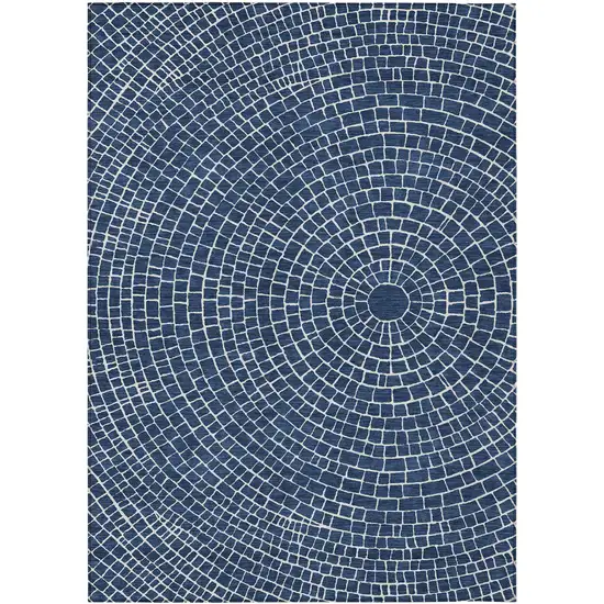 Navy Blue And Ivory Geometric Washable Indoor Outdoor Area Rug Photo 1
