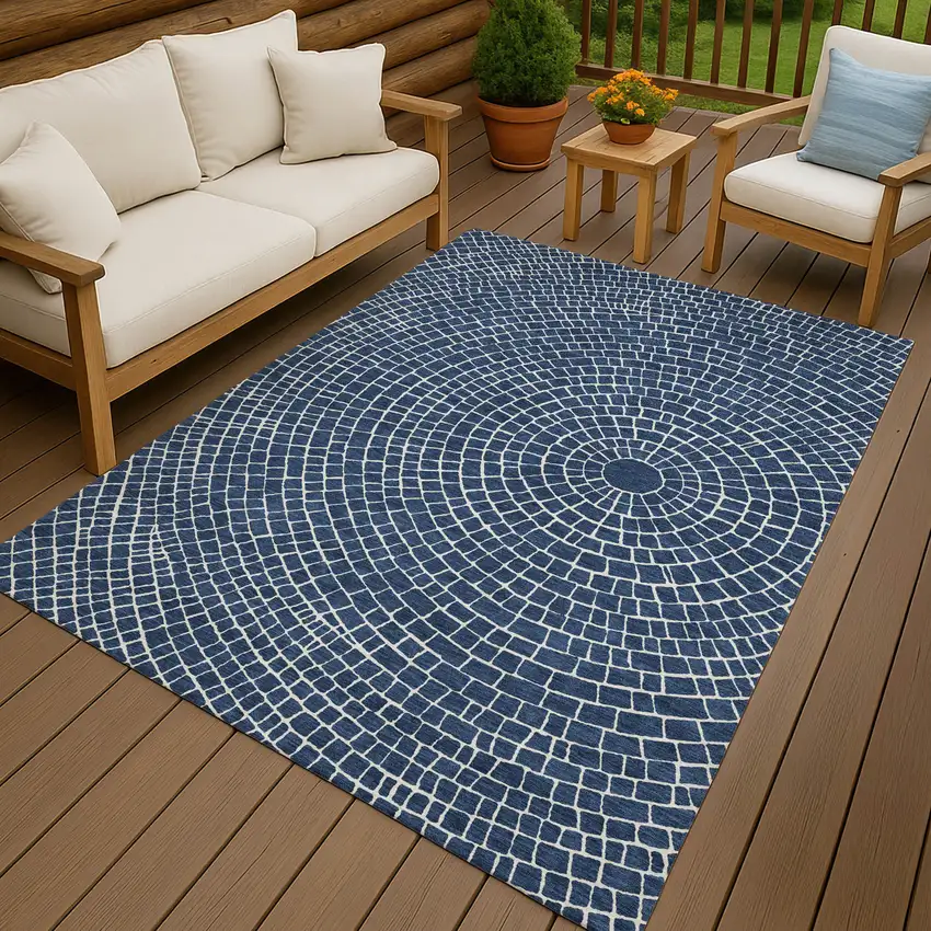 Navy Blue And Ivory Geometric Washable Indoor Outdoor Area Rug Photo 4