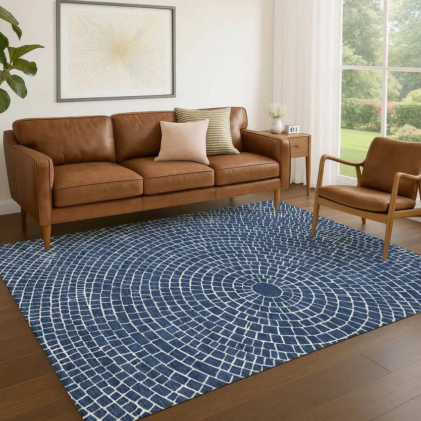 Navy Blue And Ivory Geometric Washable Indoor Outdoor Area Rug Photo 5