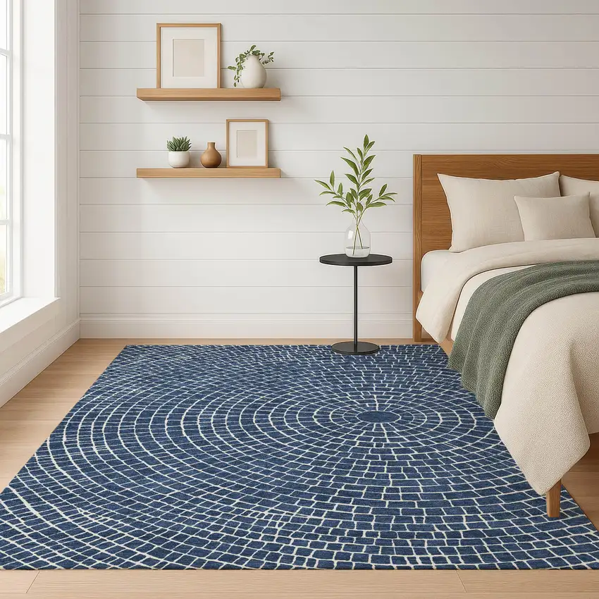 Navy Blue And Ivory Geometric Washable Indoor Outdoor Area Rug Photo 6