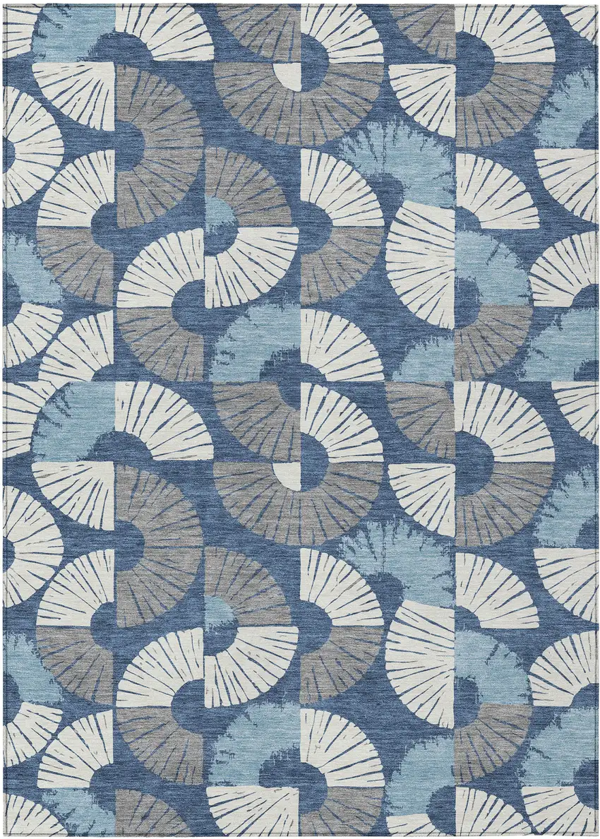 Navy Blue And Ivory Geometric Washable Indoor Outdoor Area Rug Photo 1