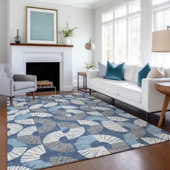 Navy Blue And Ivory Geometric Washable Indoor Outdoor Area Rug Photo 6