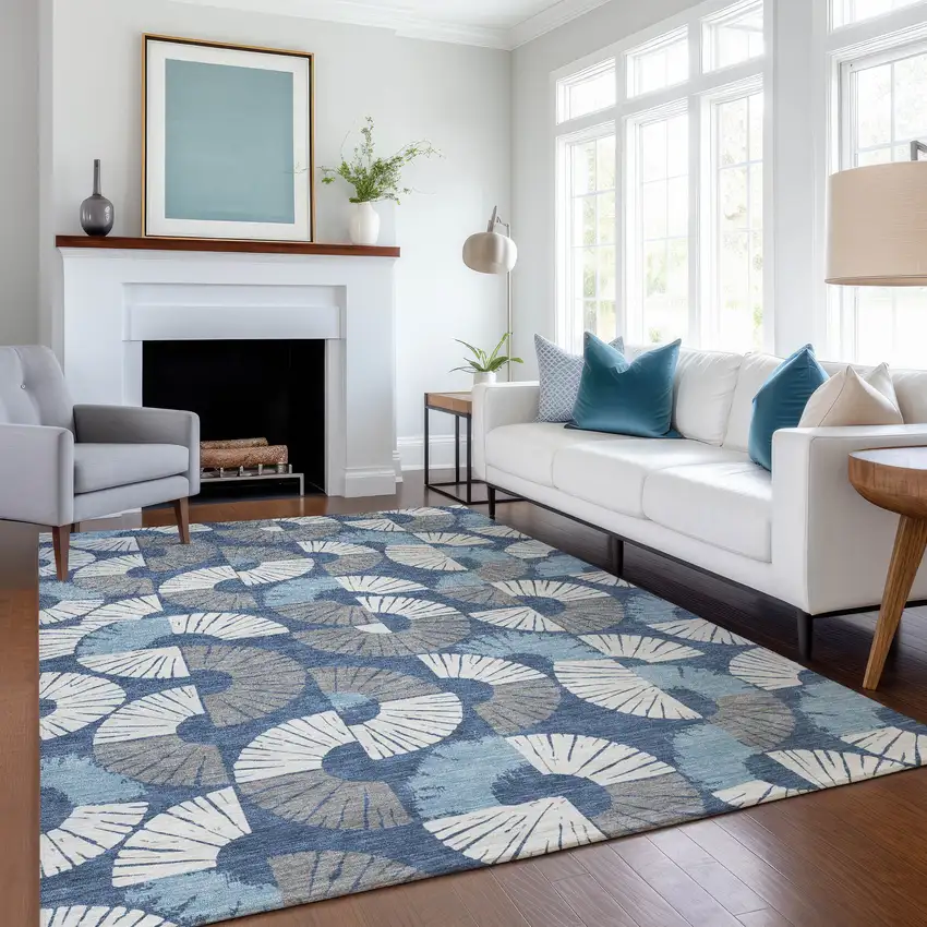 Navy Blue And Ivory Geometric Washable Indoor Outdoor Area Rug Photo 6