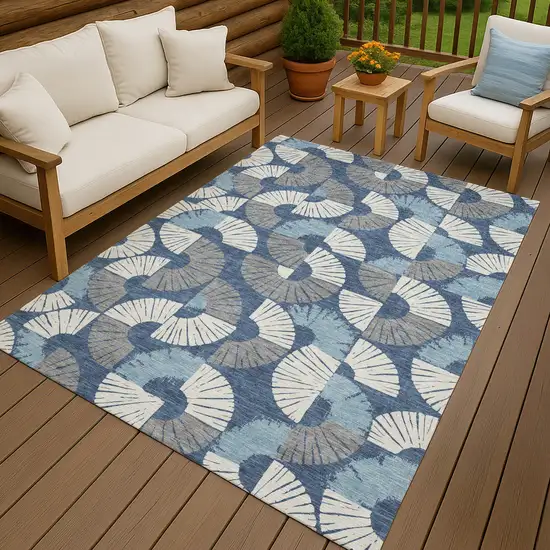 Navy Blue And Ivory Geometric Washable Indoor Outdoor Area Rug Photo 4