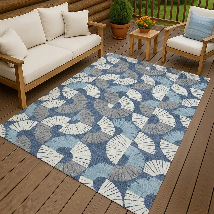 Navy Blue And Ivory Geometric Washable Indoor Outdoor Area Rug Photo 4