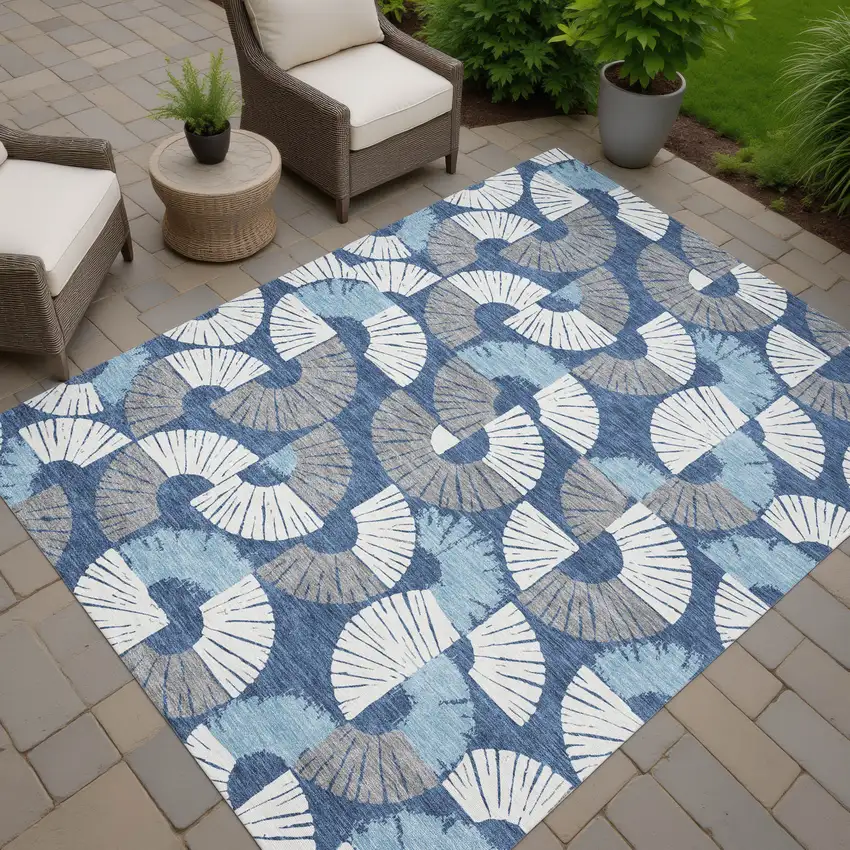 Navy Blue And Ivory Geometric Washable Indoor Outdoor Area Rug Photo 7