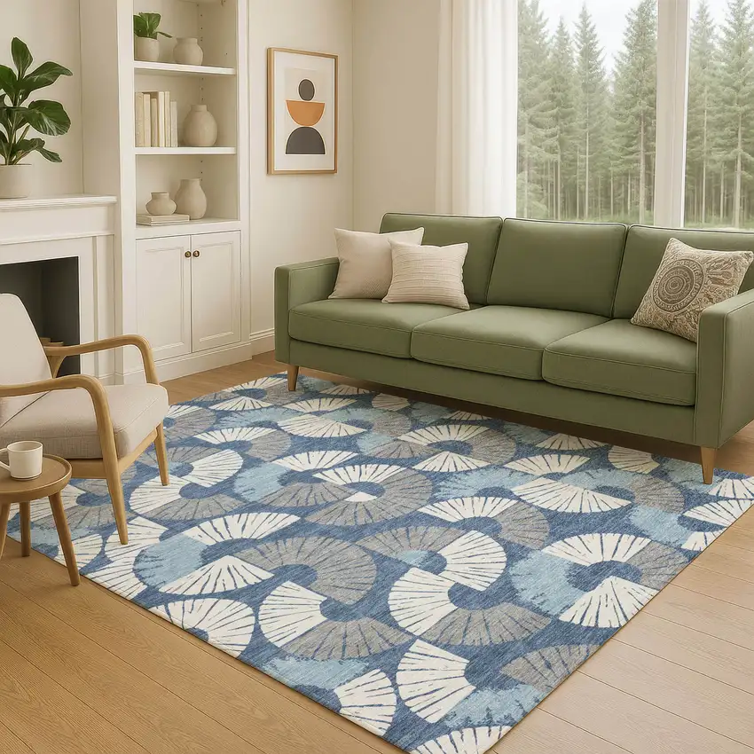 Navy Blue And Ivory Geometric Washable Indoor Outdoor Area Rug Photo 5