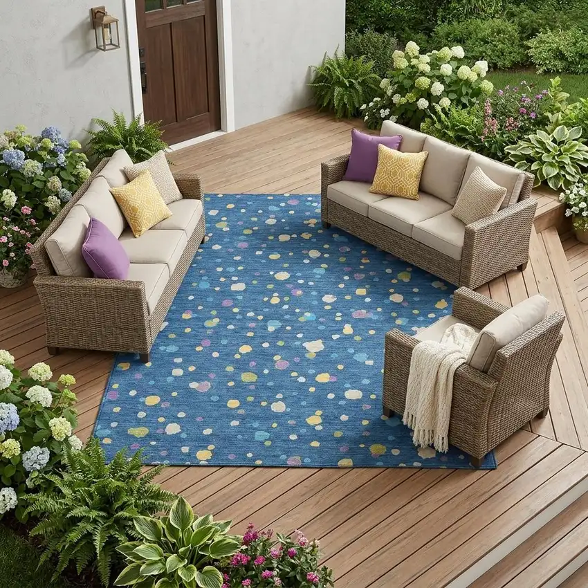 Navy Blue And Ivory Geometric Washable Indoor Outdoor Area Rug Photo 1