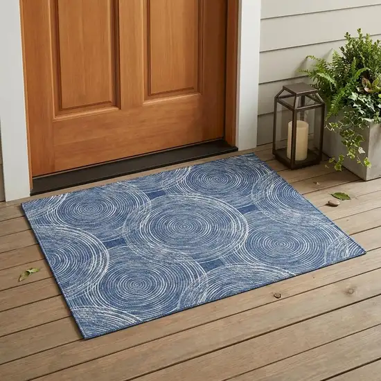 Navy Blue And Ivory Geometric Washable Indoor Outdoor Area Rug Photo 1