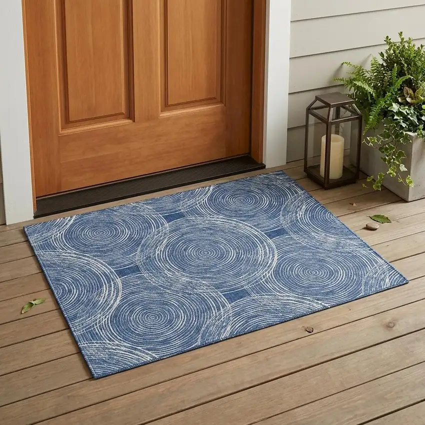 Navy Blue And Ivory Geometric Washable Indoor Outdoor Area Rug Photo 1