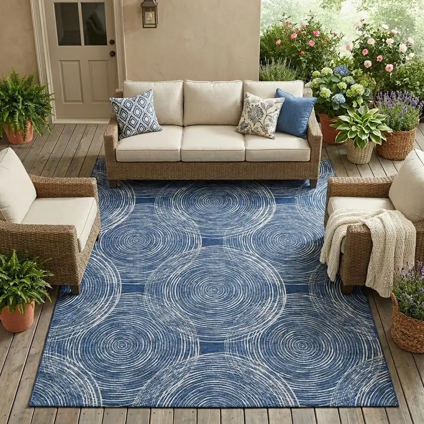 Navy Blue And Ivory Geometric Washable Indoor Outdoor Area Rug Photo 1