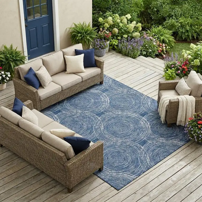 Navy Blue And Ivory Geometric Washable Indoor Outdoor Area Rug Photo 1