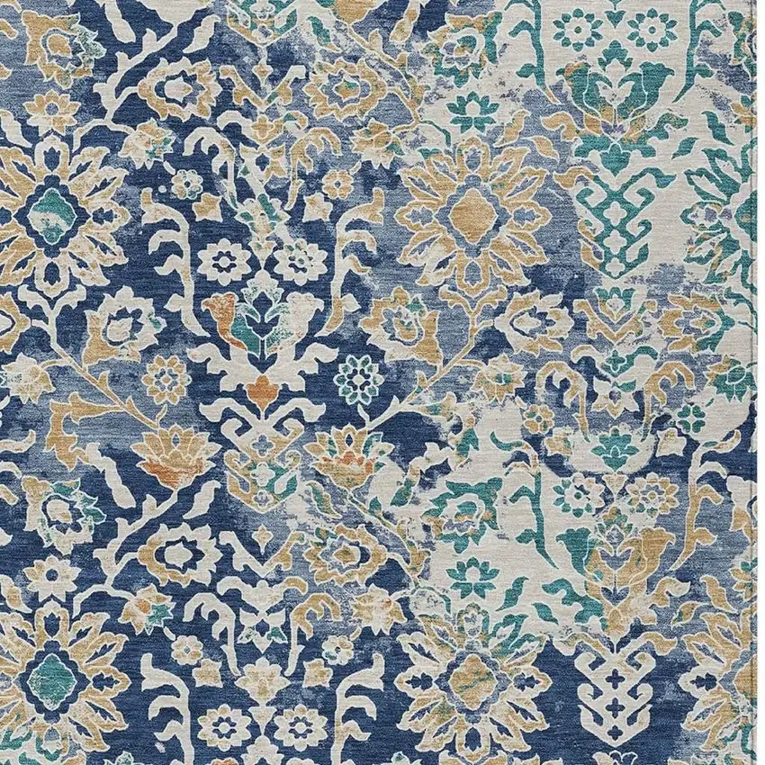 Navy Blue And Ivory Geometric Washable Indoor Outdoor Area Rug Photo 2