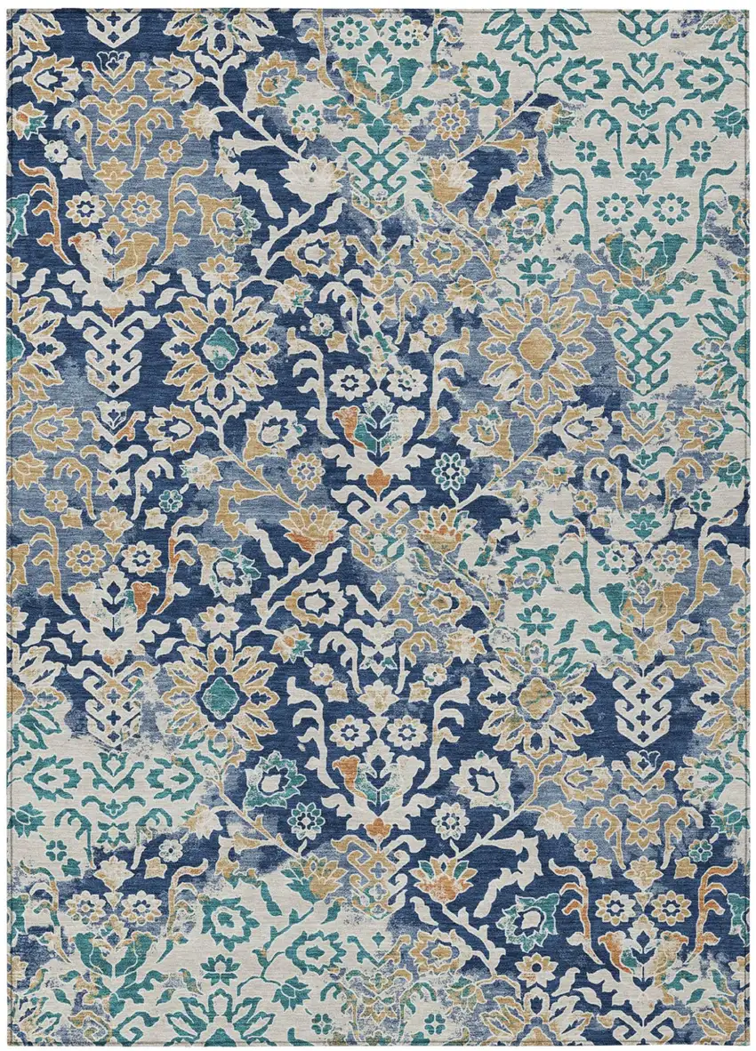 Navy Blue And Ivory Geometric Washable Indoor Outdoor Area Rug Photo 1