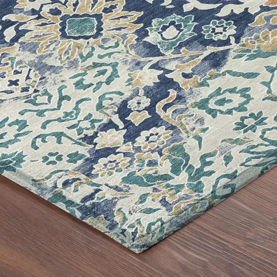 Navy Blue And Ivory Geometric Washable Indoor Outdoor Area Rug Photo 4
