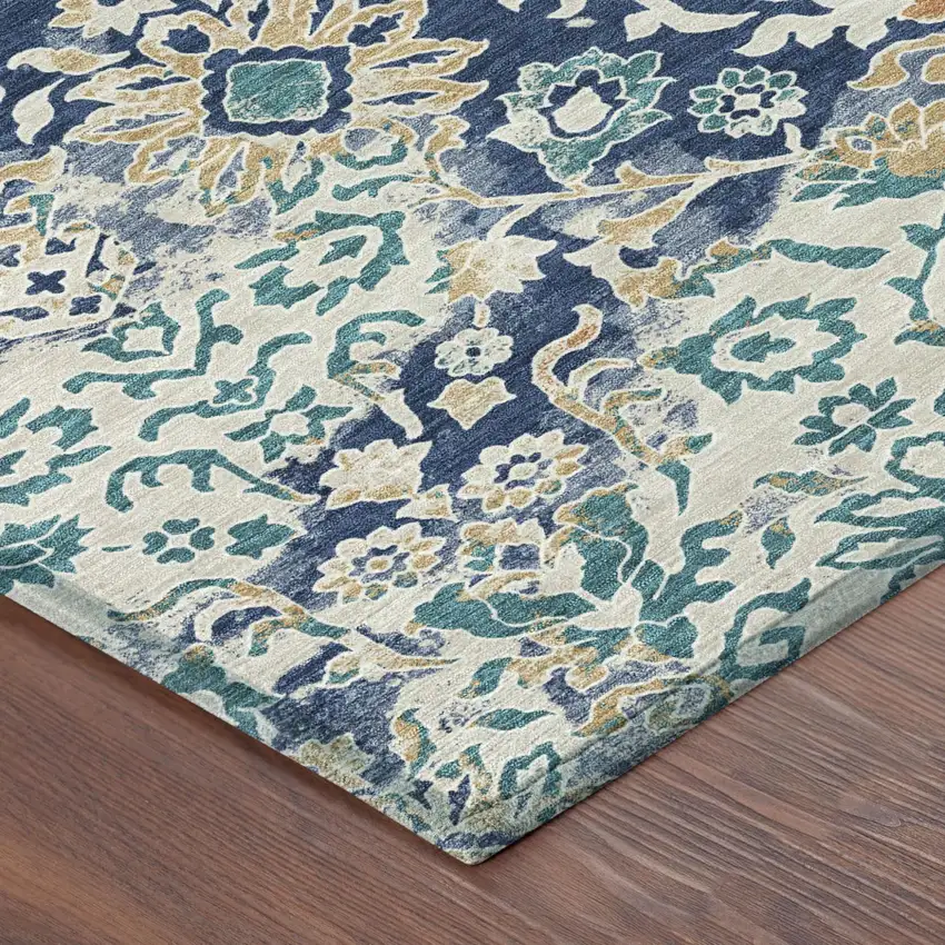 Navy Blue And Ivory Geometric Washable Indoor Outdoor Area Rug Photo 4